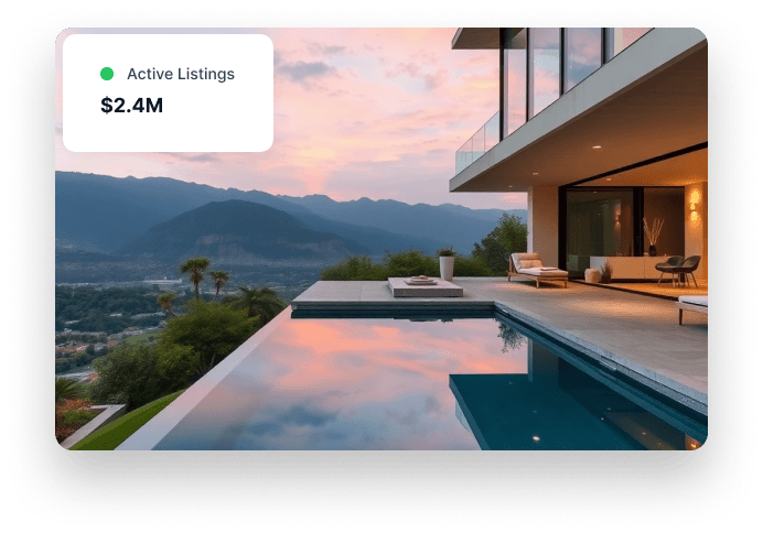 Luxury vacation rental with pool at sunset